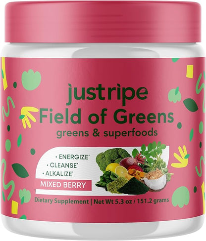 Field of Greens Superfood Powder with Organic Spirulina, Chlorella, Beet Root Powder - Bacillus Coagulans Probiotic, A Plant-Based Mix Supporting Gut Health, Immunity, 28 Scoops - Mixed Berry