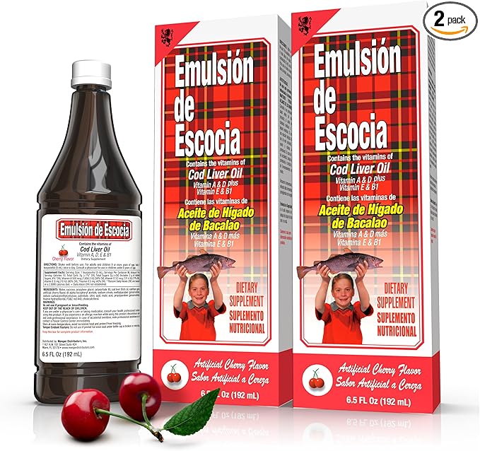 Cod Liver Oil Liquid, Cherry, Fish Oil Liquid with Vitamins A, D, E & B1 for Kids & Adults, Immune & Bone Health, Omega-3, 2 Pack (6.5 fl oz Each)