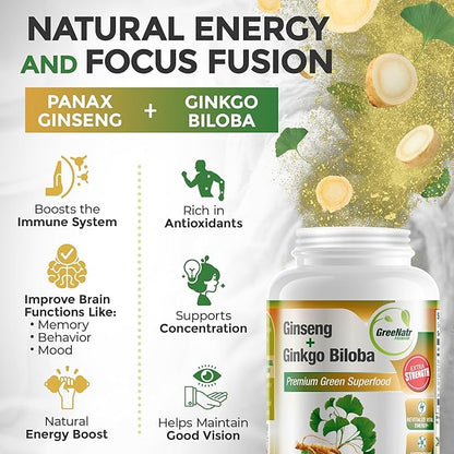 Ginko Biloba & Panax Ginseng Supplement - Red Ginseng Brain Supplement for Memory and Focus - Ginkgo Biloba Supplements for Good Vision, Immune System and Improved Blood Flow - 120 Tablets