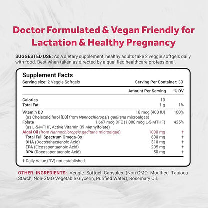 Vegan Prenatal with Full Specrum Omega-3 | Algae DHA, EPA, DPA, Vitamin D3 & Active Folate L 5-MTHF | Vegan Society Certified, Sustainably Sourced, Non-GMO & Soy Free | 60 Veggie Softgels