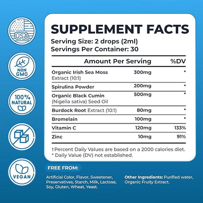 Irish Sea Moss Drops - 5X Stronger Than Sea Moss Gel - 92+ Essentials Minerals - with Spirulina Powder, Burdock Root & Black Cumin - 2 Fl Oz (60ml) - Strawberry Flavor