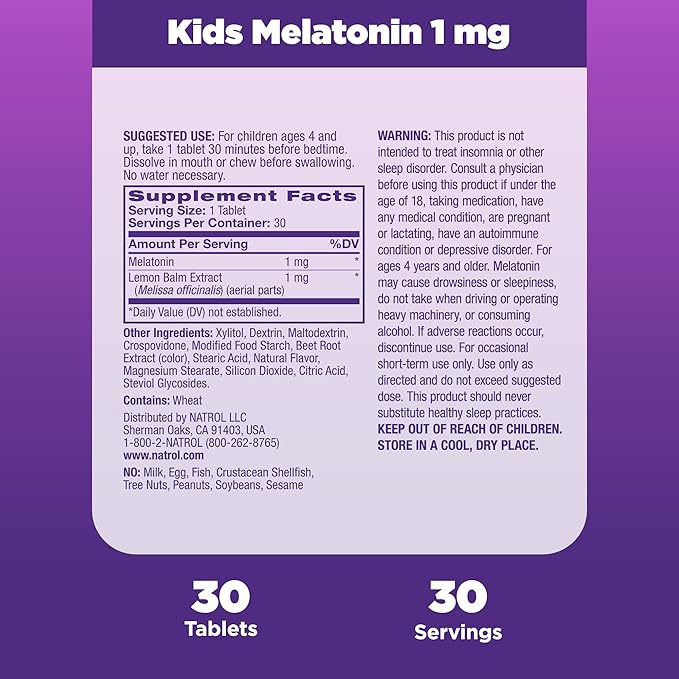 Natrol Kids Fast Dissolve Melatonin 1 mg, Dietary Supplement for Restful Sleep, Sleep Tablets for Kids, 30 Strawberry-Flavored Melatonin Tablets, 30 Day Supply