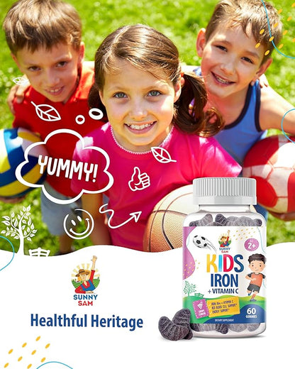 SUNNY SAM Iron Gummies for Kids & Teens - 10mg Iron Vitamins with Vitamin C - Low-Sugar Chewable Gummy Supplement for Immune Support, Supports Red Blood Cell Production for Children & Teen Girls