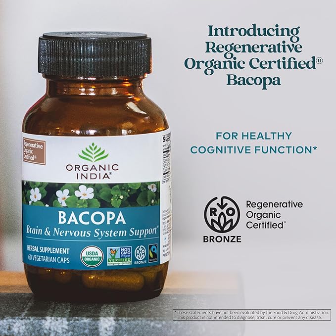 ORGANIC INDIA Bacopa Supplement - Bacopa Monnieri Organic, Brain, Focus, & Memory Support for Women & Men, Ayurvedic Herbs, Non GMO, Fairtrade Certified - 60 Vegan Capsules