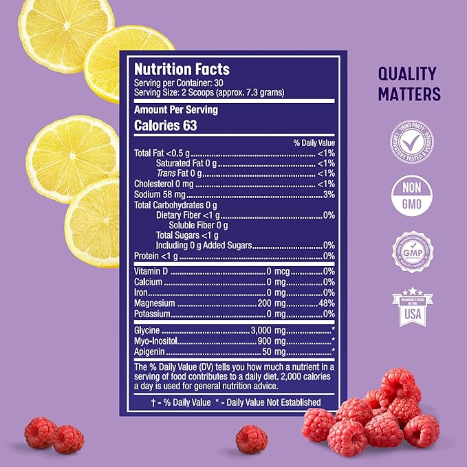 Natural Sleep Support Supplement with Magnesium Glycinate, Myo-Inositol, Apigenin & Glycine, Melatonin Free, Sleep Aid for Adults, Non GMO, Gluten Free, Vegan, Raspberry Lemon Flavor, 90 Svgs
