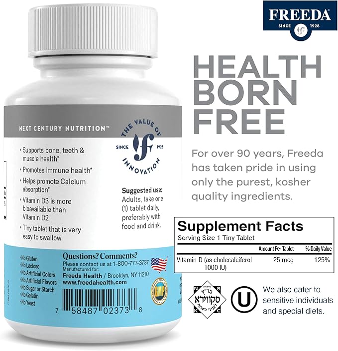FREEDA Vitamin D3-1000 IU - Pure High Potency Kosher Supplement Tablets - Bone and Muscle Health, Calcium Absorption, Immune Support for Men and Women* - 100 Count