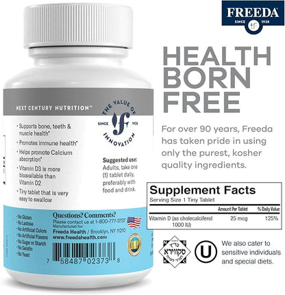 FREEDA Vitamin D3-1000 IU - Pure High Potency Kosher Supplement Tablets - Bone and Muscle Health, Calcium Absorption, Immune Support for Men and Women* - 100 Count
