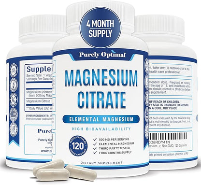 Purely Optimal Magnesium Citrate 500mg - Citrato de Magnesio, Supplement for Sleep, Heart, Nerves, Muscles - Gluten-Free, Non-GMO, 120 Capsules