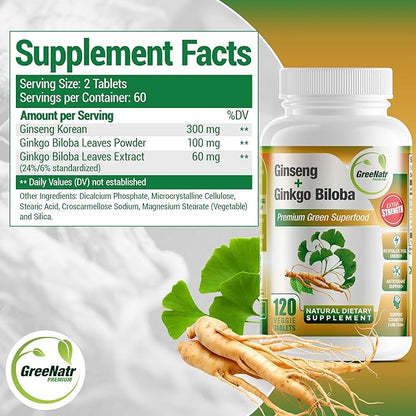 Ginko Biloba & Panax Ginseng Supplement - Red Ginseng Brain Supplement for Memory and Focus - Ginkgo Biloba Supplements for Good Vision, Immune System and Improved Blood Flow - 120 Tablets