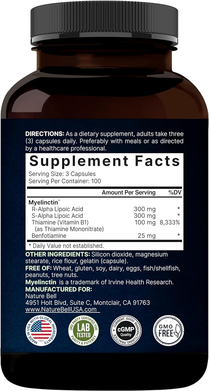 Alpha Lipoic Acid 600mg w/ B1 Complex | 300 Capsules, 4 in 1 Myelinctin Formula, R-ALA | S-ALA | Thiamine | Benfotiamine, High Bioavailability and Potency, Third Party Tested, Non-GMO & NO Gluten