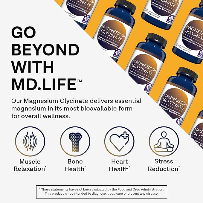 Md.Life Magnesium Glycinate Supplement - Easy to Swallow - 120 Count - Gluten Free Magnesium Glycinate Capsules for Sleep, Heart, and Muscle Health - Gentle on The Stomach & Highly Absorbable