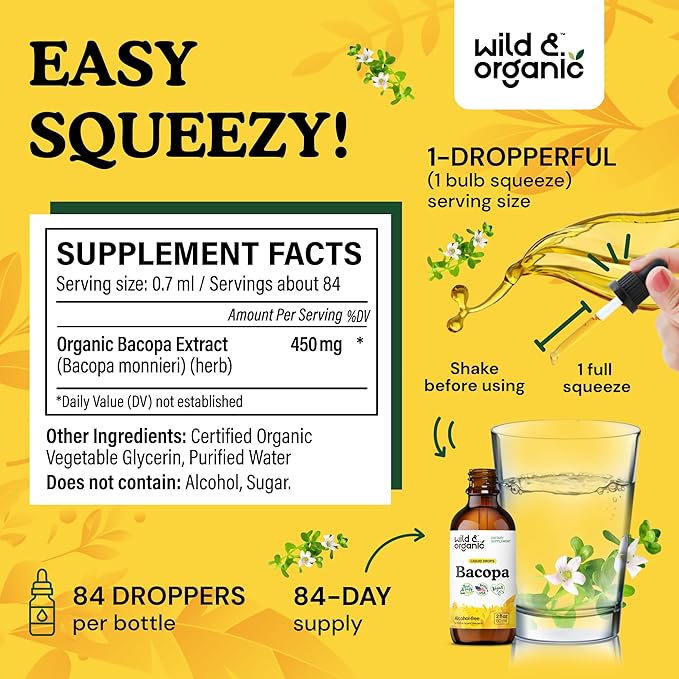 Wild & Organic Bacopa Tincture - Supports Calm, Focus, Clarity - Bacopa Monnieri Supplement Liquid - Alcohol-Free Drops with Brahmi Extract - Vegan, Sugar-Free - 2-Month Supply - 2 fl oz