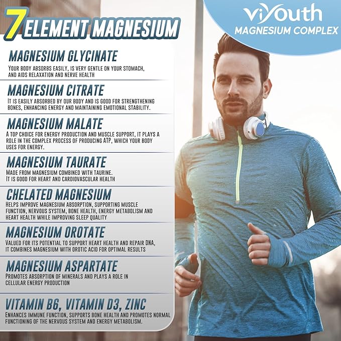 Glycinate Supplement, Magnesium 7 Complex Advanced with Citrate Malate Chelate Taurate Orotate Aspartate, Capsules with Zinc, Vitamin D3 & B6 for Sleep, Muscle Relief, 60 Capsules