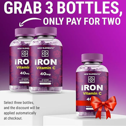 Iron Gummies 40mg with Vitamin C 100mg – Best Iron Supplement for Women, Men & Adults – Free Blood Builder for Anemia – Immune Support & Energy Booster | Fruit Pectin | Vegan | Non-GMO