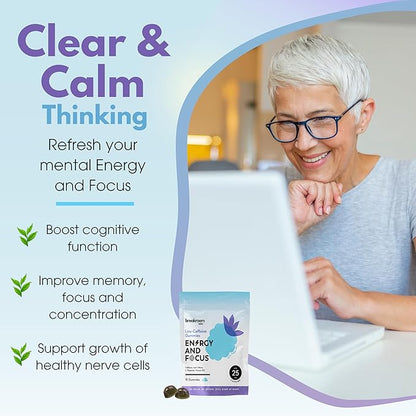 Energy and Focus Gummies – Low Caffeine 25mg w/L-Theanine, Lions Mane, Vitamin B12 – Nootropic Brain Supplement for Adults, Kids - Vegan, Low Sugar, Blue Raspberry Flavor, 30 Servings
