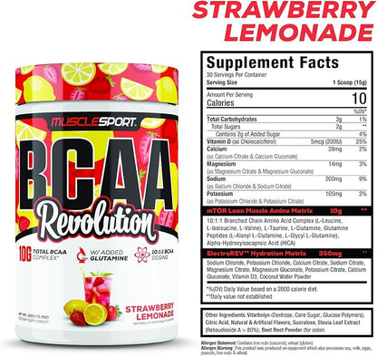 Musclesport BCAA Revolution Amino Acid Powder Supplement for Men & Women - Intra Workout Training Complex - Recovery Supplemen (Strawberry Lemonade, 30 Servings)