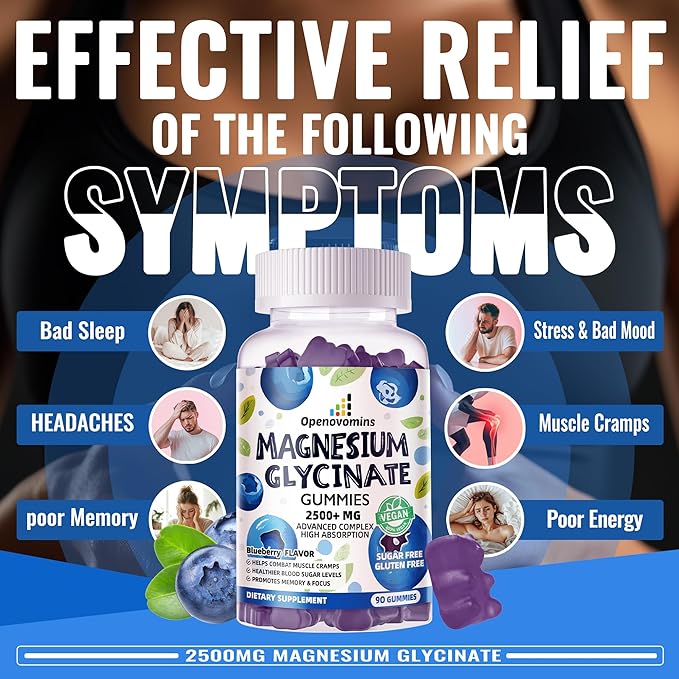 Magnesium Glycinate Gummies 2500mg - Sugar Free Magnesium Potassium Supplement with Vitamin D, B6, CoQ10 for Calm Mood & Sleep Support - 90 Blueberry Gummies