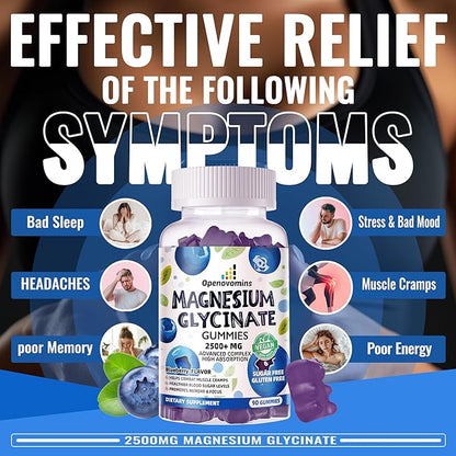Magnesium Glycinate Gummies 2500mg - Sugar Free Magnesium Potassium Supplement with Vitamin D, B6, CoQ10 for Calm Mood & Sleep Support - 90 Blueberry Gummies
