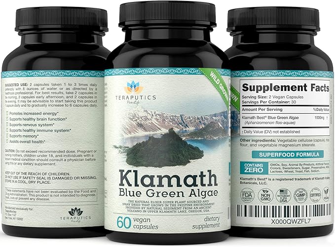 Premium Klamath Lake Blue Green Algae - More Powerful Than Spirulina and Chlorella Supplements | Pure Chlorophyll Rich SuperFood, Sourced from Organic Klamath Lake, 500mg, 60 Vegan Capsules
