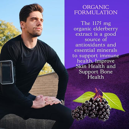 Organic Elderberry Capsules, 4-Way Immune Boost, Vitamins C, D, and Zinc Support, 1260.1 mg Elderberry Supplements for Adults, 60 Capsules