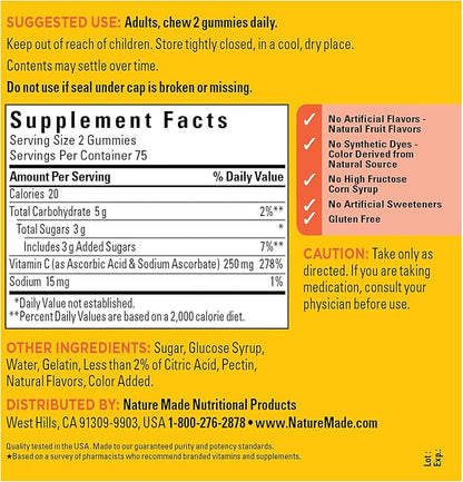 Nature Made Vitamin C 250 mg per serving, Dietary Supplement for Immune Support, 150 Gummies, 75 Day Supply