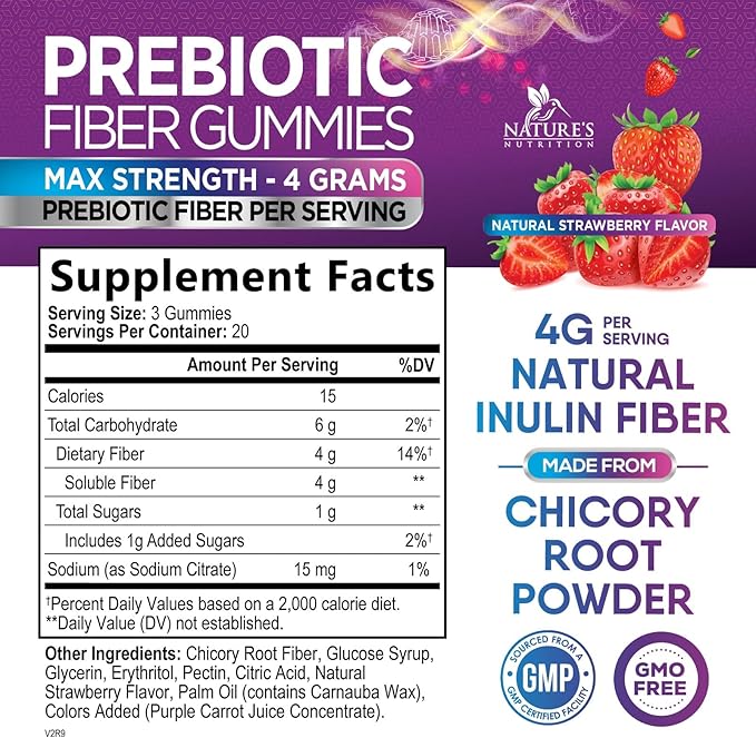 Fiber Gummies for Adults, Daily 4g Gummy Fiber Supplement, Prebiotic Gummy Digestive Health Support - Plant Based Soluble Fiber Chews, Prebiotics Supports Regularity & Digestion Non-GMO - 60 Gummies