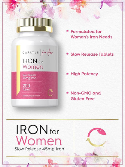 Carlyle Iron Supplement for Women | 45mg | 200 Slow Release Tablets | Vegetarian, Non-GMO, Gluten Free Pills | for Her