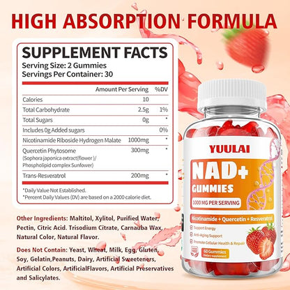 Pack of 2 NAD+ Gummies, NAD Supplement for Women - NAD Nicotinamide Riboside Resveratrol 1000MG, NAD+ Plus Supplement Gummies for Anti-Aging, Cell Regeneration & Energy, Strawberry, 120 Count