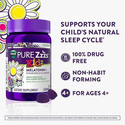 VICKS PURE Zzzs Kidz, Melatonin Sleep Aid Gummies for Kids and Children, Helps Your Child Fall Asleep Naturally, Low Dose Melatonin, 48 Gummies