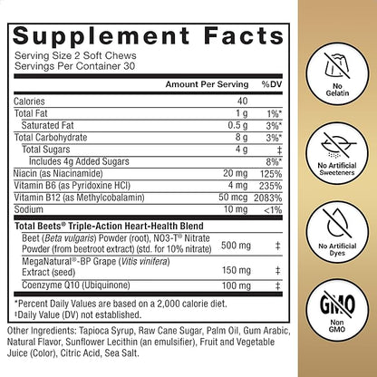 FORCE FACTOR Total Beets Ultimate Heart Health Blood Pressure Support Chews with CoQ10, Beet Root Powder, Grape Seed Extract, Blood Pressure Supplement for Circulation & Blood Flow, 60 Soft Chews