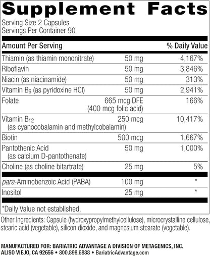 Bariatric Advantage B-50 Complex with Active B12, High Potency Supplement Containing All Essential B Vitamins with Choline, Inositol and PABA - 180 Count