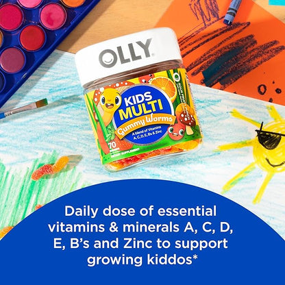 OLLY Kids Multivitamin Gummy Worms, Overall Health and Immune Support, Vitamins and Minerals A, C, D, E, Bs and Zinc, Chewable Supplement, Sour Fruit Punch, 45 Day Supply (70 Count) (Pack of 2)