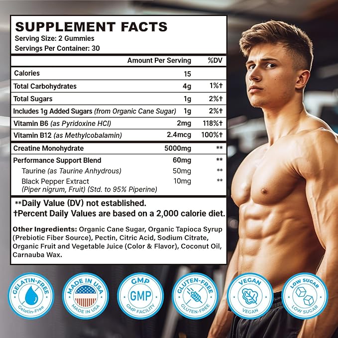 Creatine Monohydrate Gummies, Pre-Workout Chewables Supplement for Women and Men, Creatine Monohydrate with Taurine & B6 - for Muscle, Strength, Endurance & Energy, Vegan (Berry, 60 Gummies)