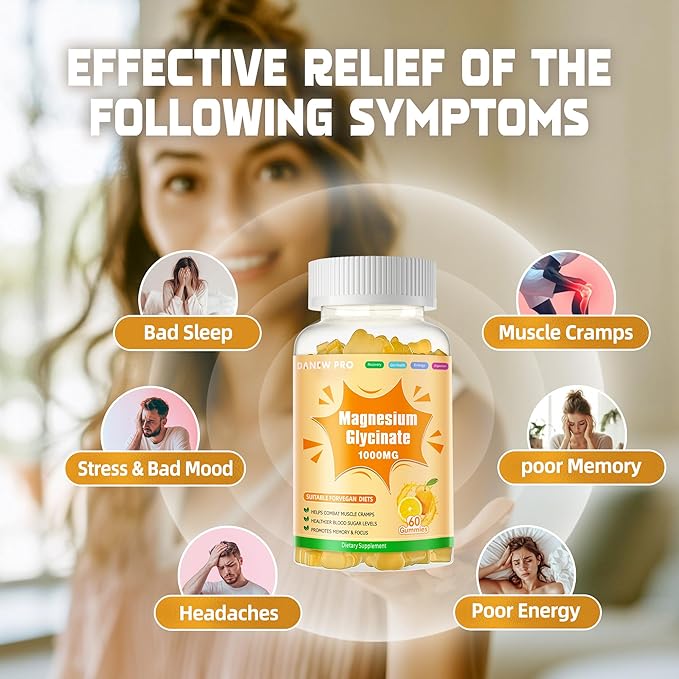 Magnesium Glycinate Gummies 1000mg - Sugar Free Magnesium Potassium Supplement with Vitamin D, B6, CoQ10 for Calm Mood & Sleep Support - 60 Orange Gummies