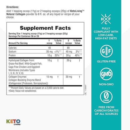 Natures Plus KetoLiving Natural Collagen, Unflavored - 1.36 lb Tub - Ketogenic Protein Powder - Supports Immune & Gut Health, Joint Mobility & Hair, Skin & Nails - Gluten-Free, Non-GMO - 28 Servings