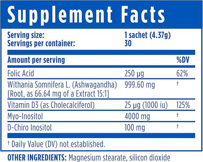 Ovarigen Plus, Myo & D-Chiro Inositol Blend Powder – 40:1 Blend with Folic Acid, Ashwagandha, and Vitamin D3 - Help Manage PCOS Symptom, Hormone Balance, and Natural Fertility Aid, 30 Sachets