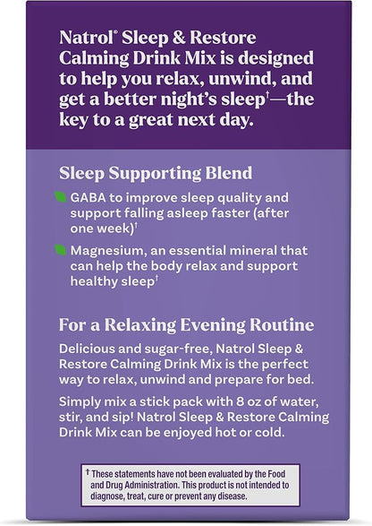 Natrol Sleep + Restore Calming Drink Mix with Magnesium Glycinate, Magnesium Sleep Aid, Melatonin-Free, Lemon Chamomile, 10 Stick Packs