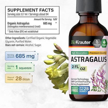BIO KRAUTER Astragalus Tincture - Astragalus Root Liquid Extract for Immune Support - Alcohol and Sugar Free - High Absorption - Vegan Drops 2 Fl.Oz.