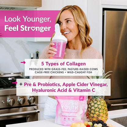 SkinnyFit Super Youth Tropical Punch Multi-Collagen Peptides + Probiotics, Baobab Fiber, Apple Cider Vinegar, Hyaluronic Acid, & Vitamin C, Skin, Hair, Joint & Metabolism Support, 30 Servings
