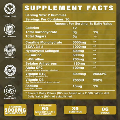 Creatine Monohydrate with Vitamins D3 & B12 | Sugar-free Hydrolyzed Collagen & Creatine gummies | Formulated to enhance Muscle Strength | Workout supplement suitable for men & women | 60 count