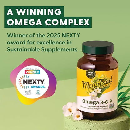 MegaFood Vegan Omega 3 6 9 - Burp-Less Supplement - 600 mg Plant-Based Omega-3 & 150 mg DHA Per Serving - Heart, Brain, Vision & Joint Support - Fish Oil Alternative - 60 Capsules, 30 Servings