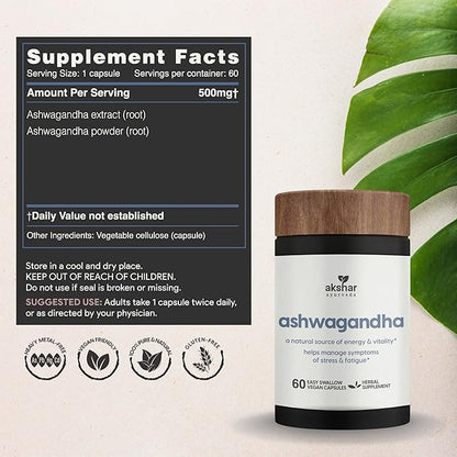 AKSHAR Ayurveda - Ashwagandha Capsules with Ashwagandha Root Extract and Powder - Adaptogenic Herbal Support - Vegan Cruelty-Free Ashwagandha Supplements (60 Count)