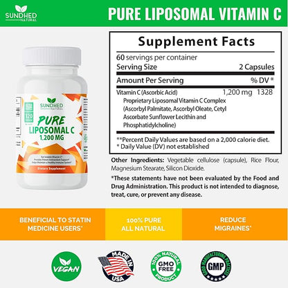 Pure Liposomal Vitamin C - 1200mg Immune System & Collagen Health Booster, Anti Aging Skin Vitamins, Sodium Ascorbate, Sunflower Lecithin (120 Capsules / 2 Months)