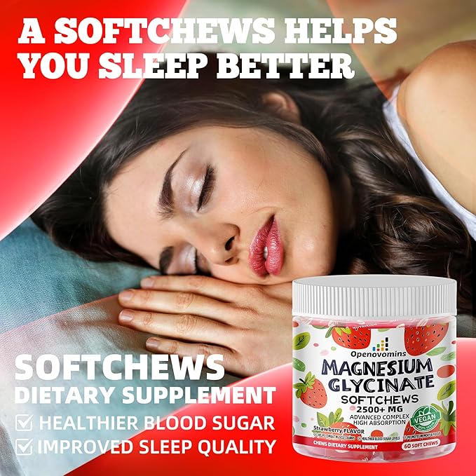 Magnesium Glycinate Soft Chews, Strawberry Flavor.Chewable Sugar Free Potassium Magnesium Chews with Magnesium Glycinate, Vitamin D, B6, and CoQ10 for Calm Support & Sleep for Adults, 60 Days Supply
