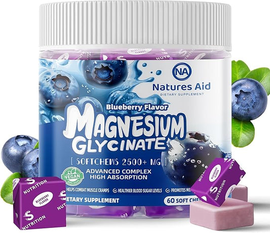Magnesium Glycinate Soft Chews, Blueberry Flavor.Chewable Sugar Free Potassium Magnesium Chews with Magnesium Glycinate, Vitamin D, B6, and CoQ10 for Calm Support & Sleep for Adults, 60 Days Supply