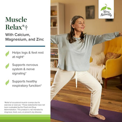 Terry Naturally Muscle Relax - Supplement to Support Nervous System, Muscle Relaxation & Sleep - Muscle Relaxant Supplement with Calcium, Magnesium & ZInc - Respiratory Health Aid - 60 Capsules