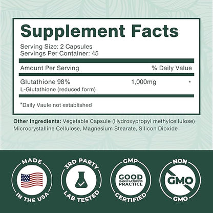 PurePremium Reduced Glutathione 1000mg Per Serving - 500mg Per Capsule – L-Glutathione Supplement & Antioxidant Support for Normal Liver, Brain, Skin & Heart Health – 90 Capsules