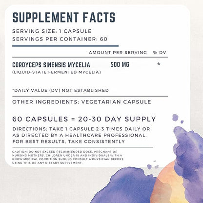 Primordia Pure Cordyceps Mushroom Supplement, 60 Capsules, Liquid State Fermentation, Cordyceps Sinensis Mushrooms, Immune Function Support, Boosts Energy & Endurance