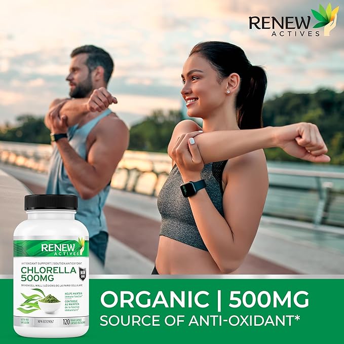 Renew Actives Chlorella Capsules 500mg - Rich in Antioxidants & Nutrients - Natural Source for Cellular Health, Vitality, & Wellness - Made in Canada - 120 Easy-to-Swallow Vegan Capsules