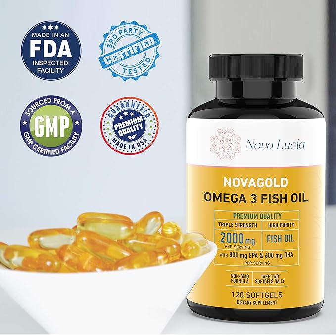 Omega 3 Burpless Fish Oil Supplement 2000mg Max Strength Maintain Healthy Heart, Sharper Brain, Shiny Hair, Boost Immune System, High Potency EPA & DHA Vitamin E, Non-GMO 120 Small Liquid Softgels